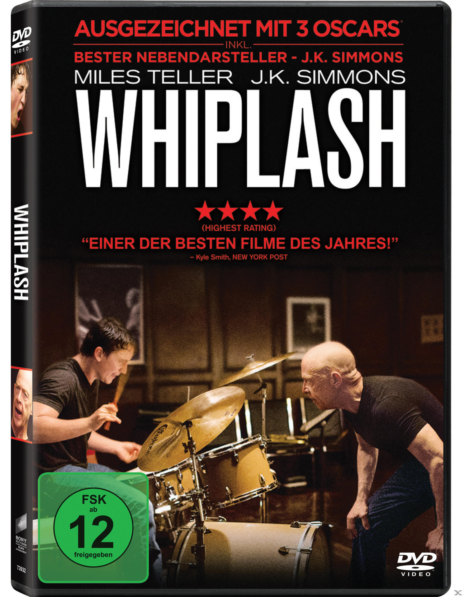 Whiplash-Filmcover. Leute spielen Schlagzeug. Text und Logo befinden sich oben.