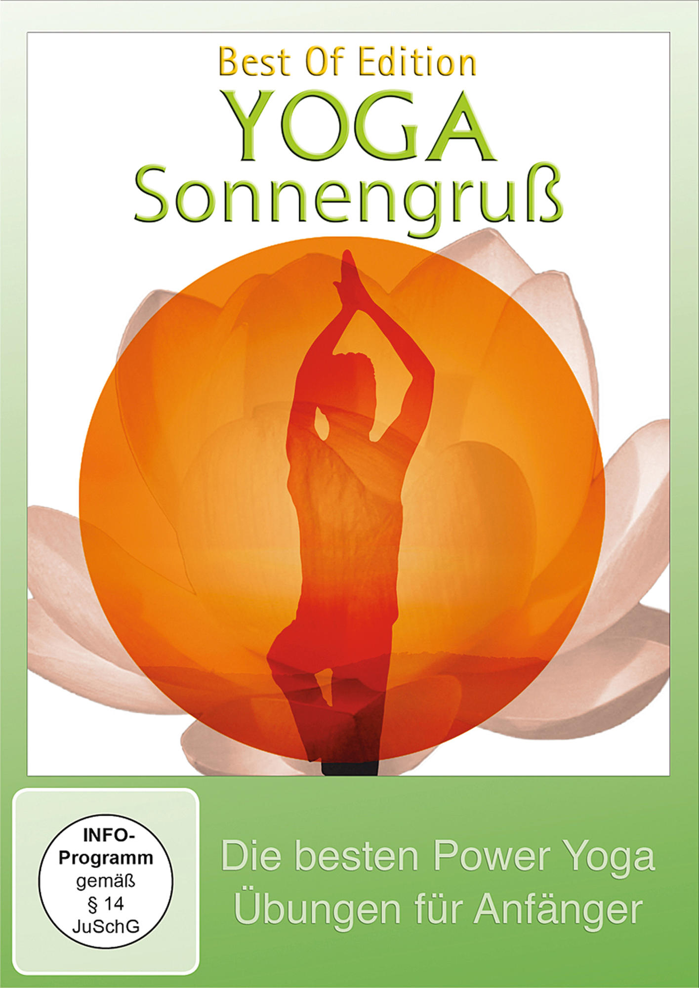 Buchcover mit Silhouette einer Person in Yoga-Pose, orangefarbener Hintergrund, Text.