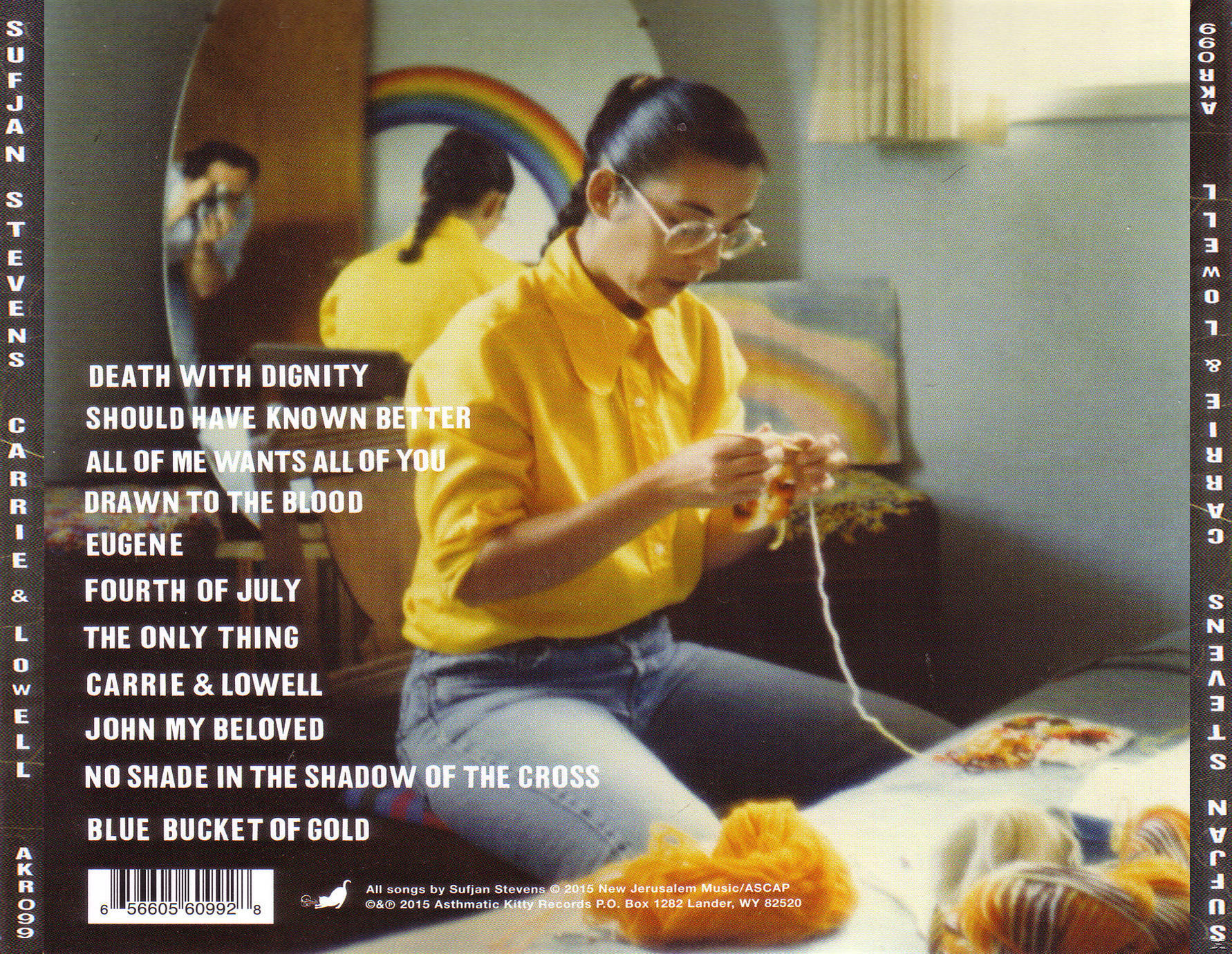 Albumcover mit einer strickenden Frau und einem Regenbogen.