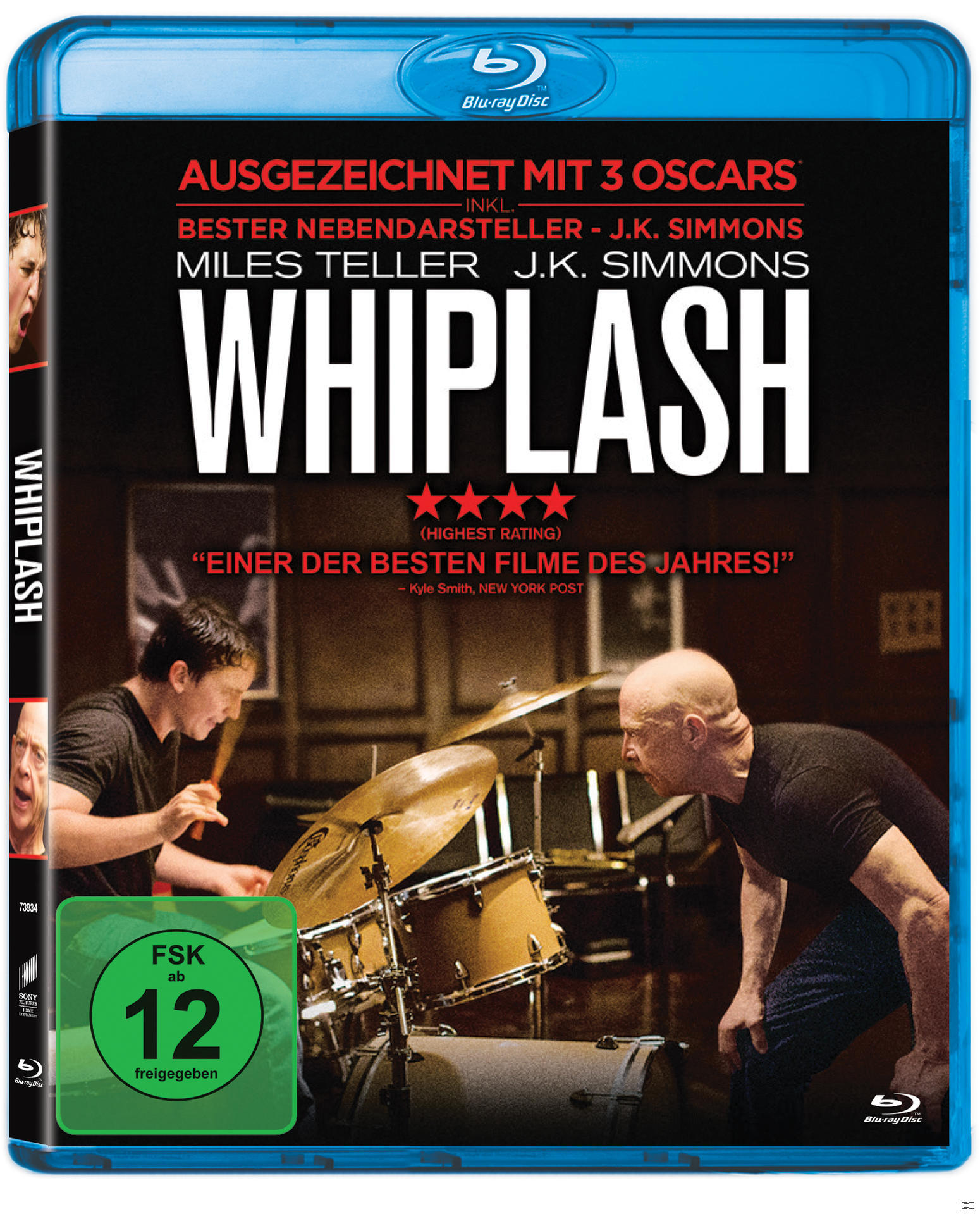Whiplash Blu-ray-Cover. Zeigt einen Schlagzeuger und einen Lehrer. Text enthält Auszeichnungen und Namen.