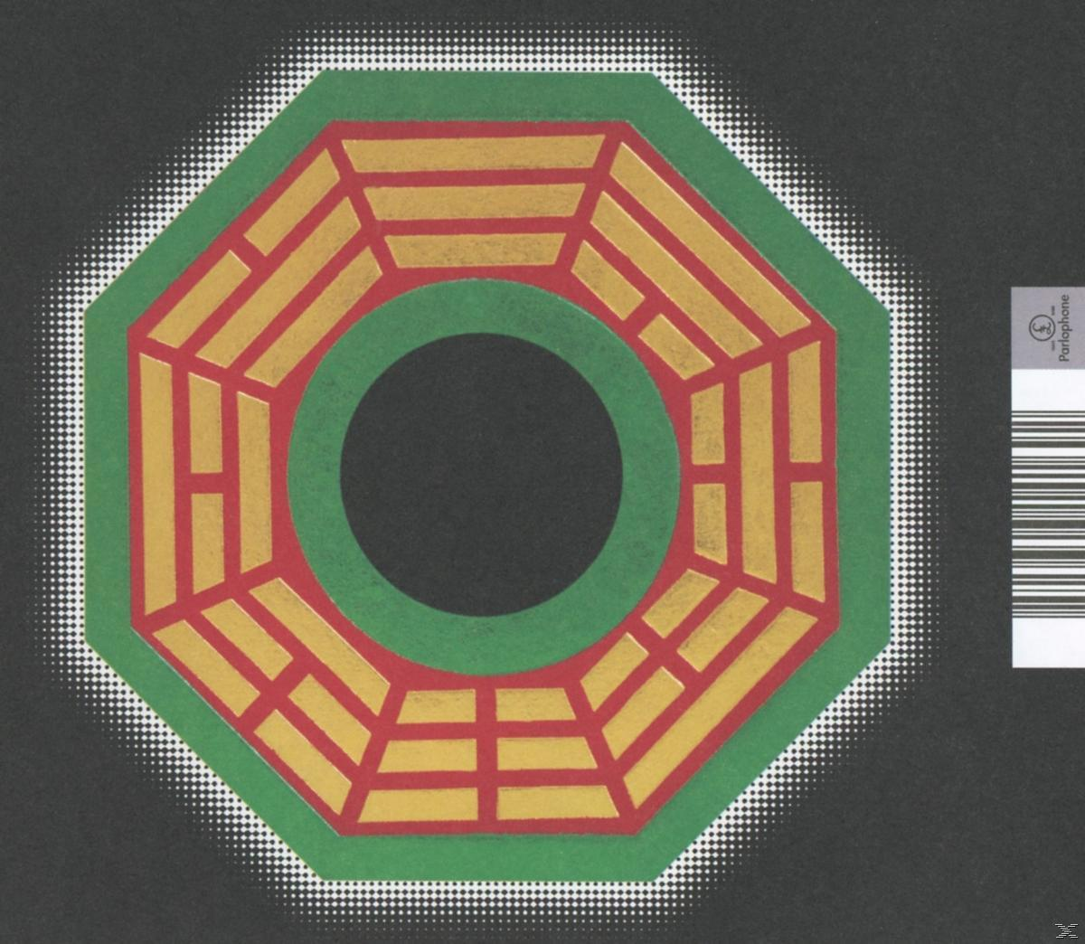 Ein abstraktes Design, achteckige Form, mit einem grünen und roten Farbschema. Text: Paraphone und ein Barcode.
