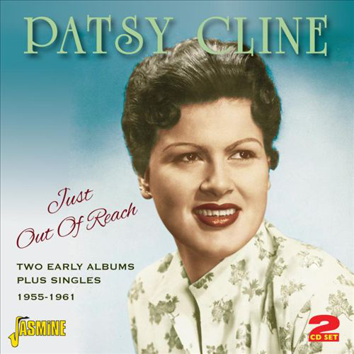 Patsy Cline album borítója. Sötét hajú nő virágos felsőben. Szöveg: Just Out Of Reach.