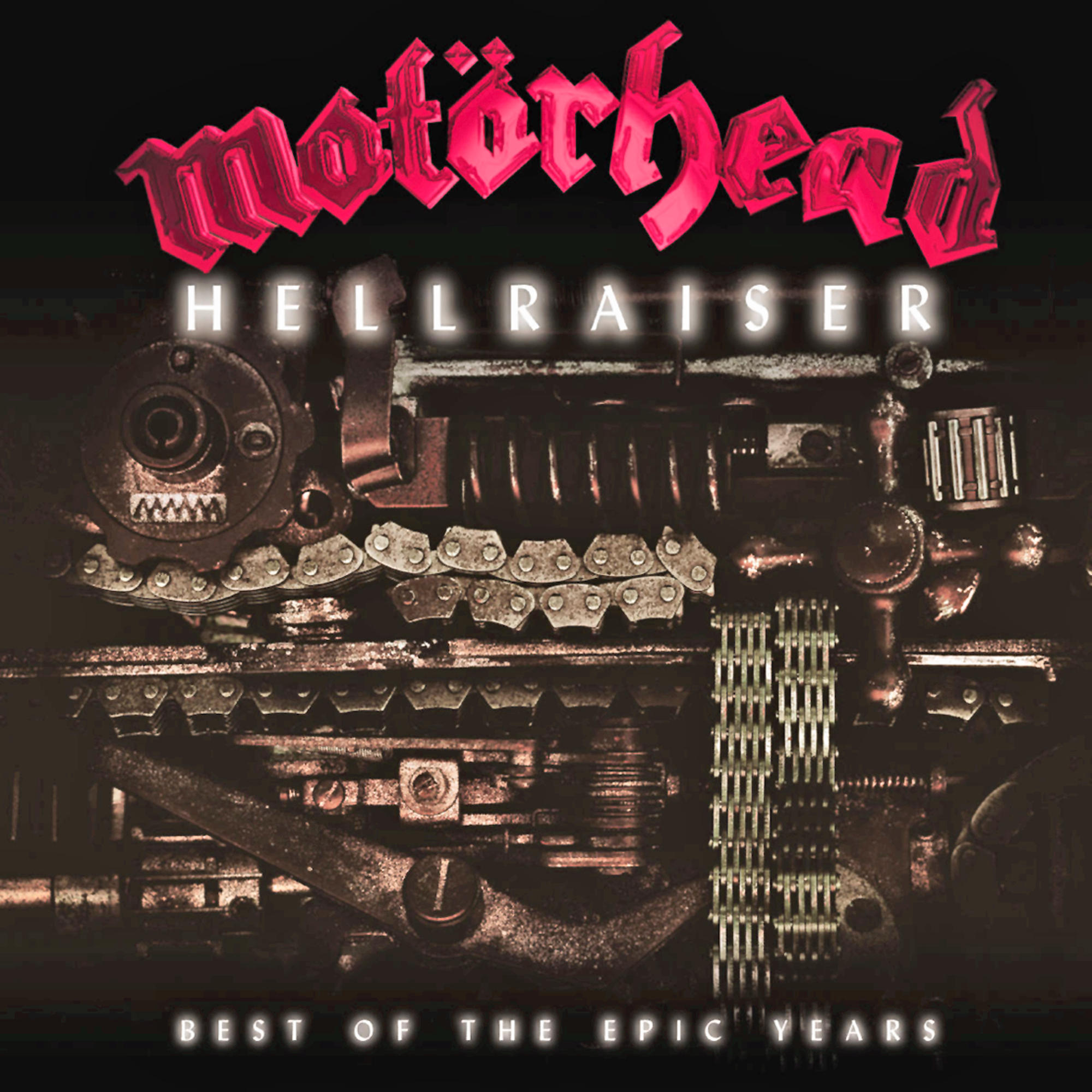 Albumcover von Motörhead, Maschineninneres mit rotem Text 'Hellraiser' oben.