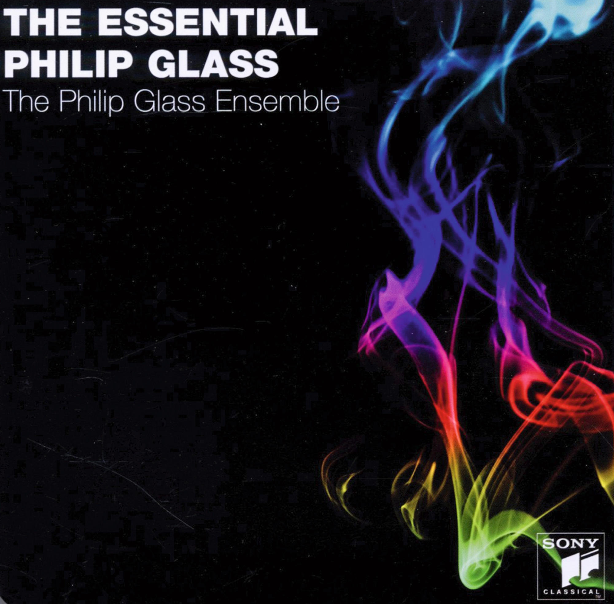 CD-borító színes füstszerű formákkal fekete háttérrel. A szöveg: 'THE ESSENTIAL PHILIP GLASS'.