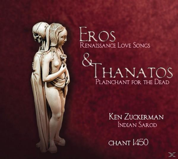 Albumcover mit zwei Statuen, Text 'Eros & Thanatos' und 'Plainchant for the Dead', roter Hintergrund.
