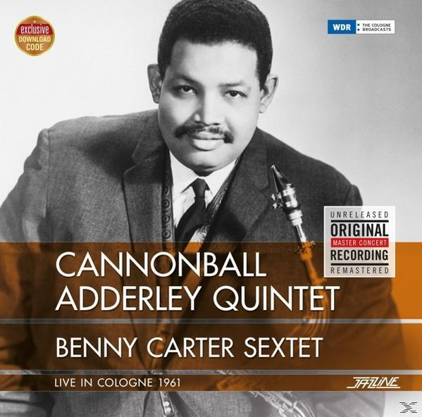 Schwarz-Weiß-Foto eines Mannes mit Saxophon, Albumtitel: Cannonball Adderley Quintet.