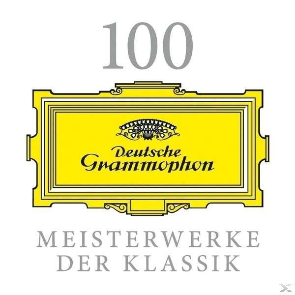CD-Cover: Gelber Hintergrund, Deutsche Grammophon Logo, 100 und Meisterwerke Der Klassik. Weißer Hintergrund.