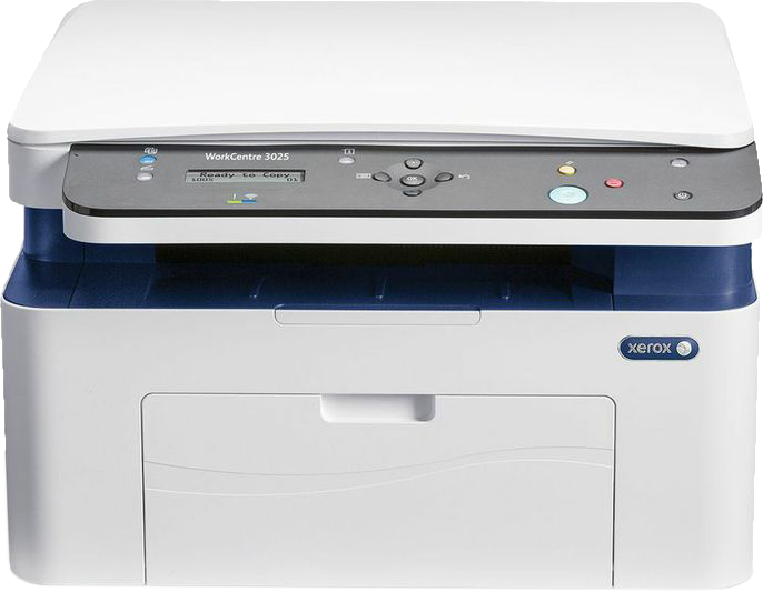 Fehér Xerox nyomtató kék alappal és vezérlőpanellel. Fehér háttér.