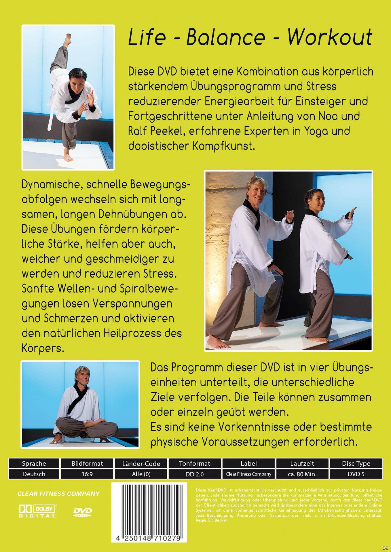 Die Rückseite einer Workout-DVD mit Bildern von Personen und Text auf Deutsch.