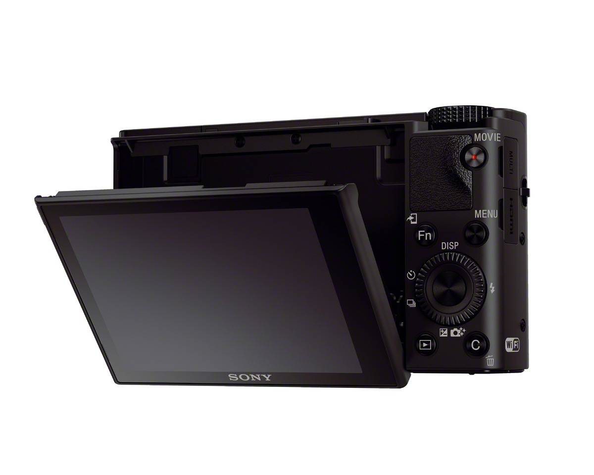 Appareil photo Sony noir avec écran déplié, montrant l'arrière.