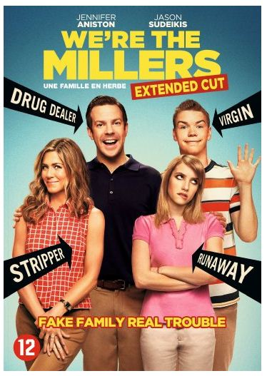 Filmposter: Een gezin met labels die naar hen wijzen. Tekst bevat Jennifer Aniston en Jason Sudeikis.
