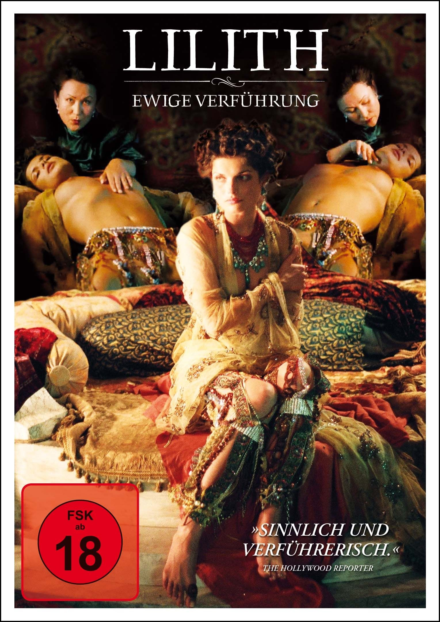Filmposter mit einer Frau im Kleid, zwei Frauen und Text 'LILITH. Ewige Verführung'.
