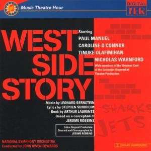 West Side Story album borítója, piros és fekete szöveggel fehér háttéren. A show címét tartalmazza.
