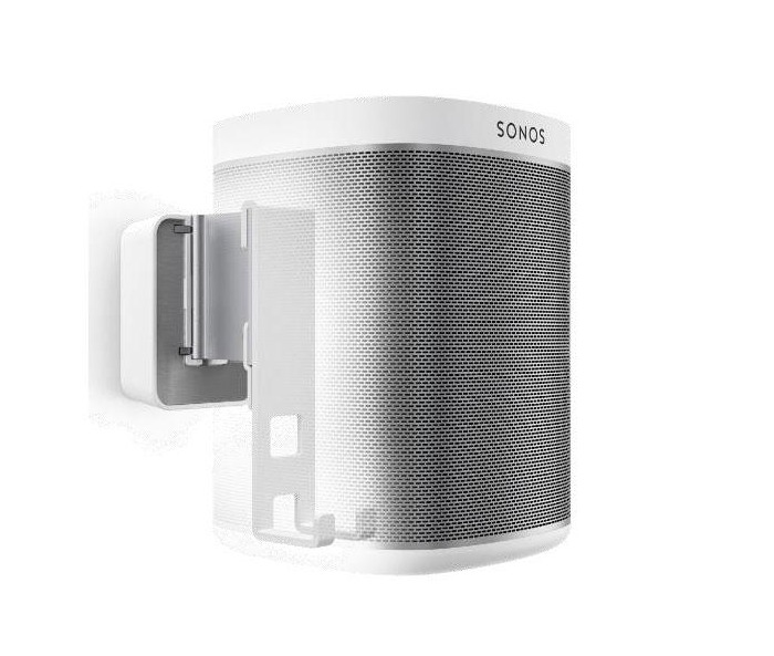 Weißer Sonos-Lautsprecher und Wandhalterung. Der Lautsprecher ist zylindrisch, mit silberner Gitterfront. Die Halterung ist weiß.