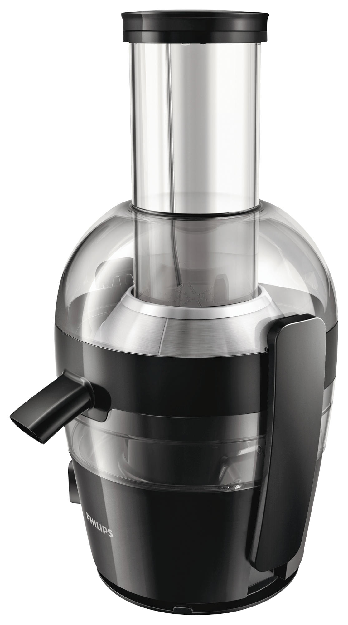 Czarna i przezroczysta wyciskarka Philips. Ma wylew, uchwyt i przezroczysty pojemnik na sok.
