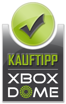 Xbox Dome KaufTipp mit grünem Haken. Schwarz-graues Design mit grünem Haken.