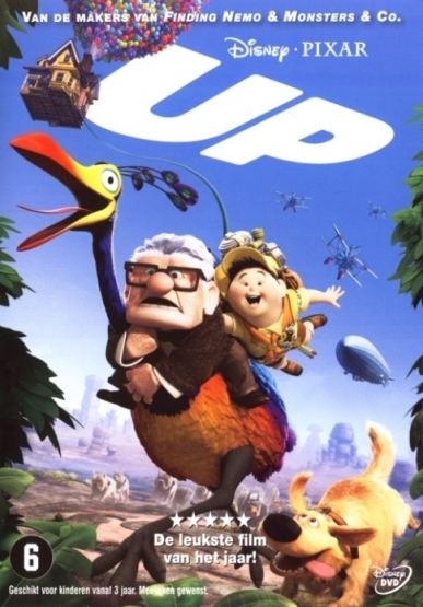 DVD-hoes van 'Up'. Geanimeerde personages en een huis op ballonnen zijn zichtbaar. Tekst: Disney Pixar, 'Up'.