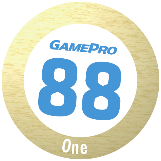 GamePro 88 One Auszeichnung. Eine blaue 88 in einem weißen Kreis auf Holz.