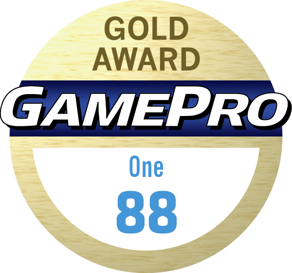 GamePro Gold Award 88 One. Eine blaue 88 in einem weißen Kreis, auf Holzmaserung.