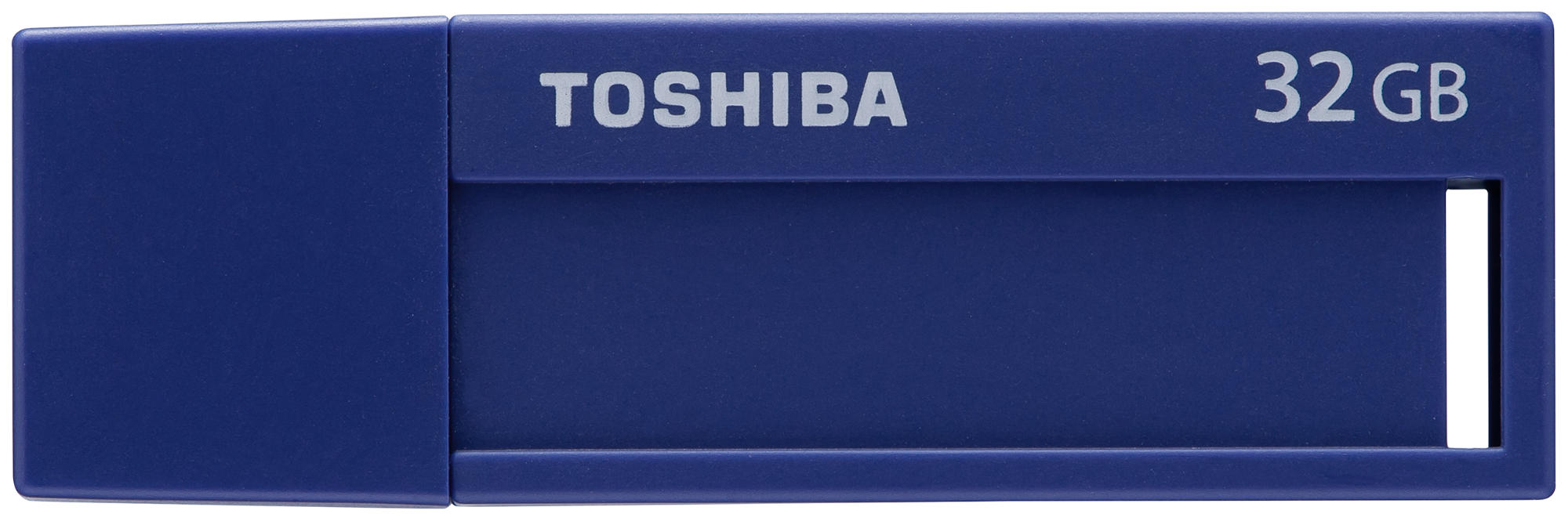 Una memoria flash USB Toshiba de 32 GB de color azul. El texto dice "TOSHIBA" y "32 GB".