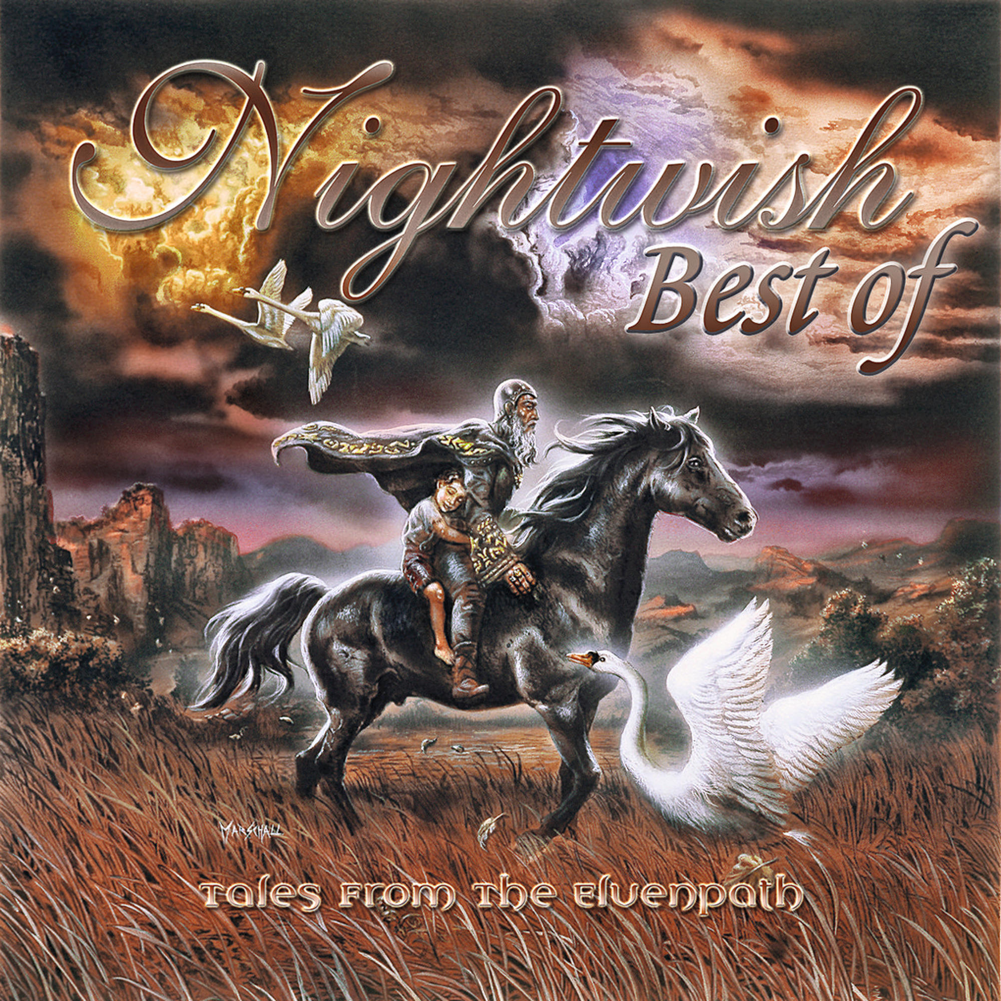 Albumcover mit einer Fantasieszene von Figuren auf einem Pferd. Text „Nightwish“ und „Best of“.