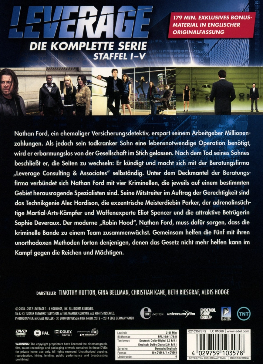 Rückseite einer DVD-Box: Leverage. Zeigt Besetzung und beschreibenden Text auf Deutsch.