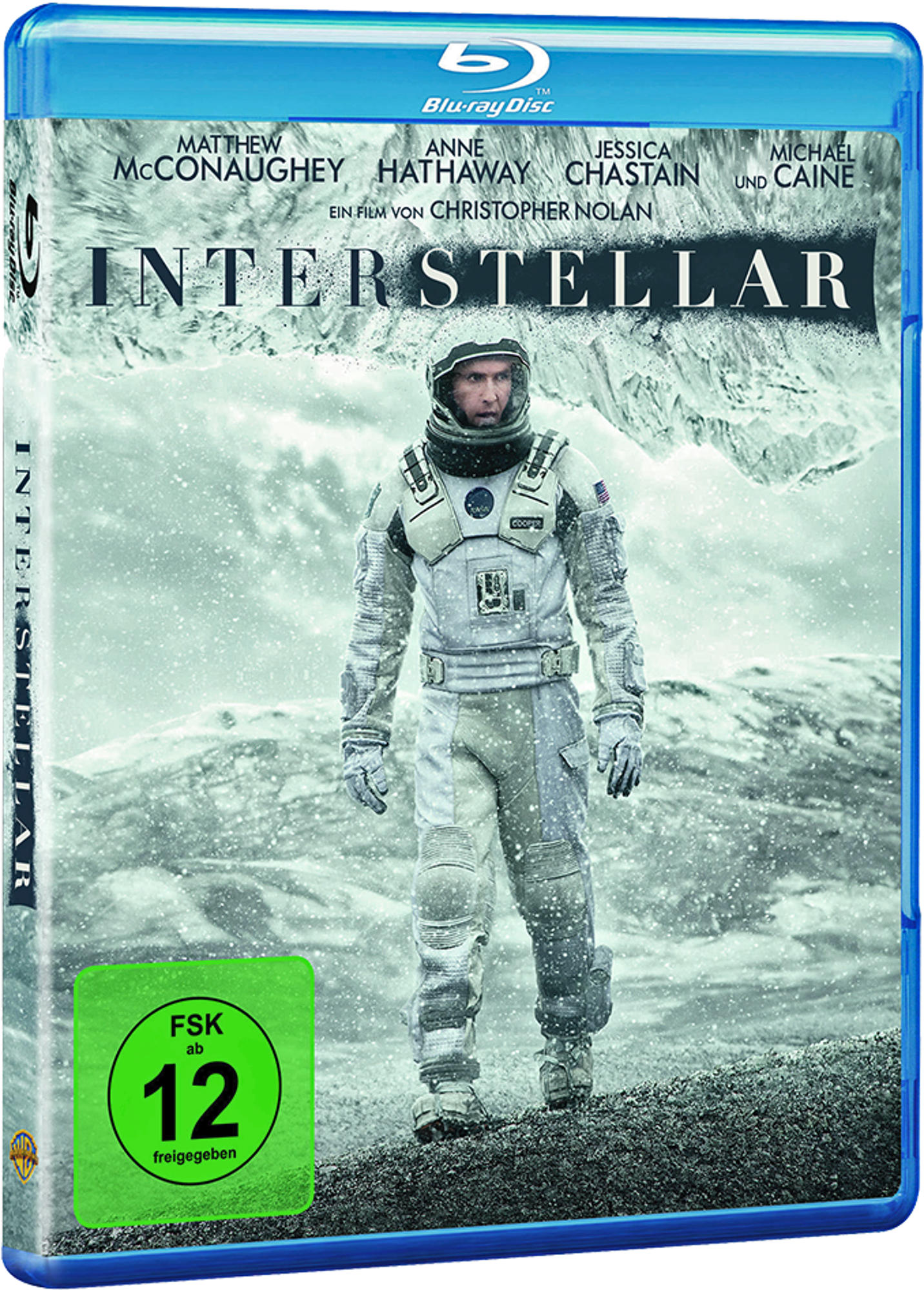 Blu-ray-Cover für Interstellar. Ein Astronaut in einem Raumanzug steht auf einem schneebedeckten Planeten.