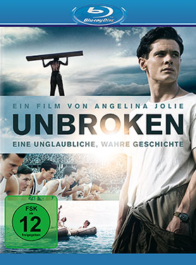 Filmcover mit einem Mann, dem Titel „Unbroken“ und einem Mann, der einen Balken trägt. Blu-ray Disc.