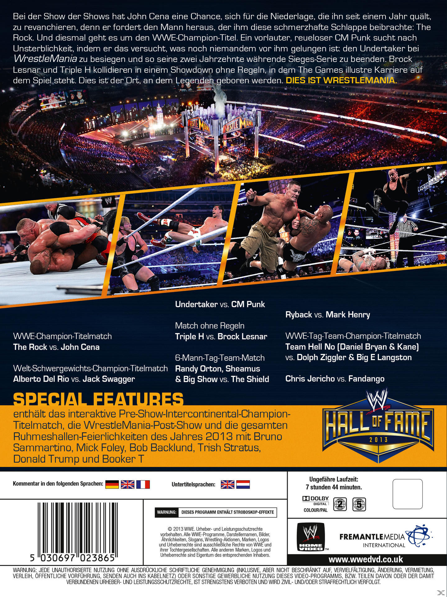 Rückseite einer WWE-DVD. Zeigt einen Wrestling-Ring mit verschiedenen Wrestlern und eine Liste von Matches.