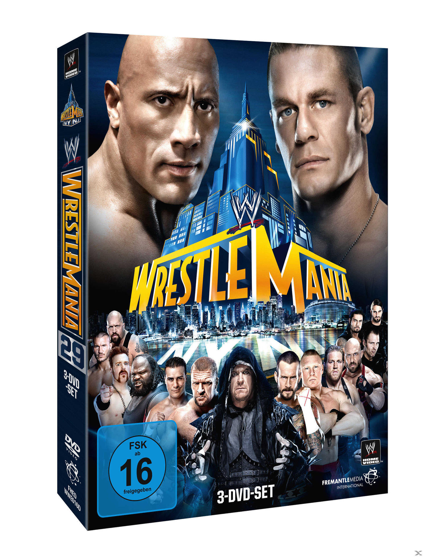 DVD-Cover für WrestleMania 29. Dwayne 'The Rock' Johnson und John Cena auf der Vorderseite.
