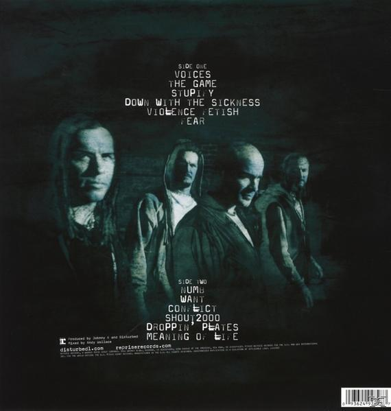 Albumcover mit Bandmitgliedern und Songtiteln: Voices, The Game, Down With The Sickness.