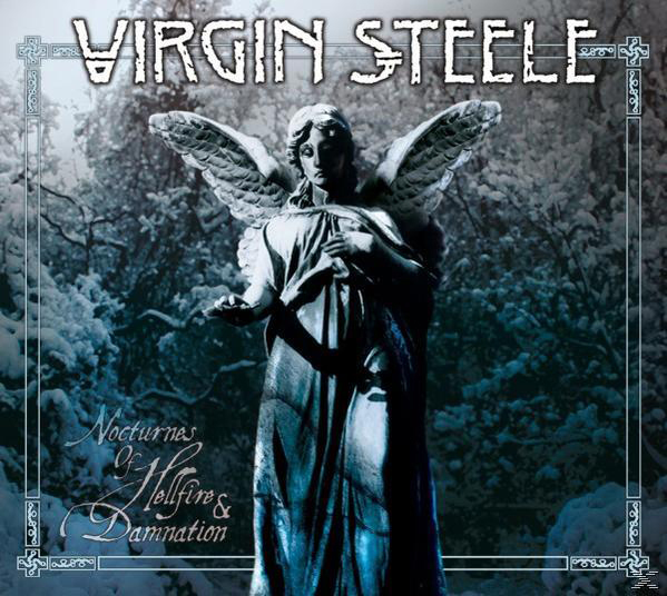 Albumcover für Virgin Steele. Eine Engelsstatue in einem verschneiten Wald. Text: Nocturnes of Hellfire & Damnation.