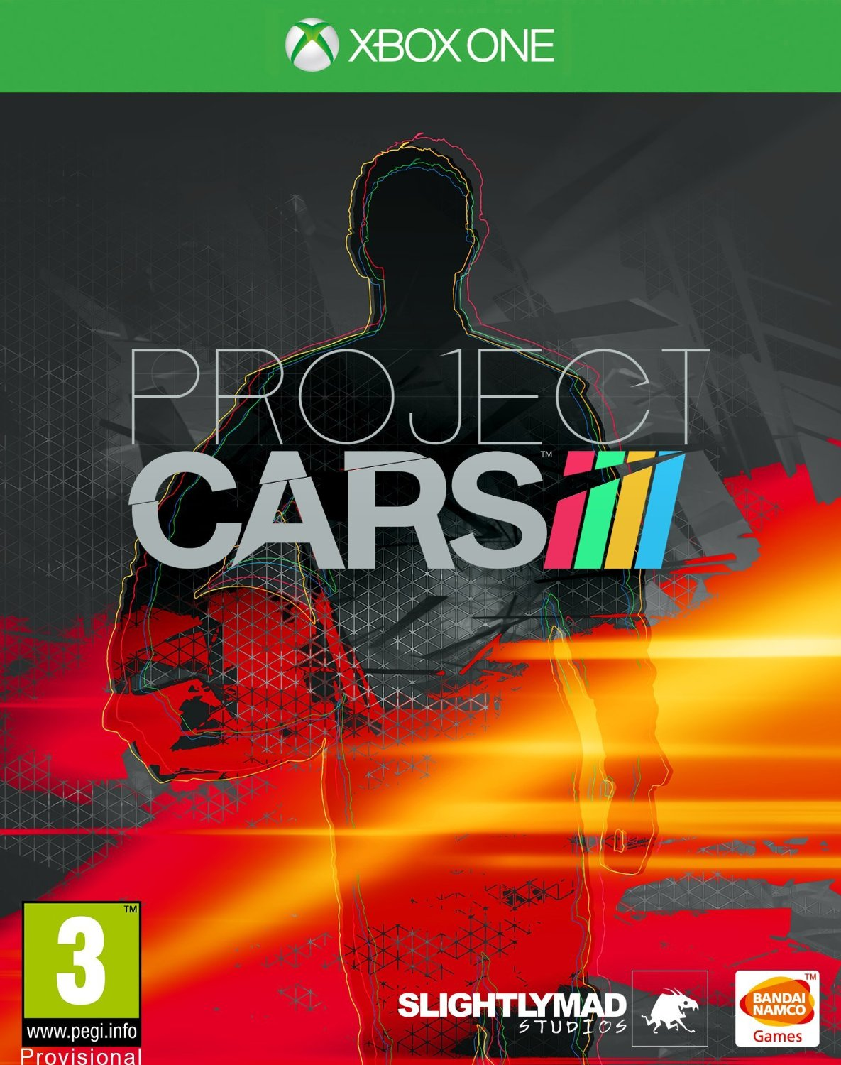 Project Cars III Xbox One játék borítója egy személy körvonalával és egy tűz háttérrel.