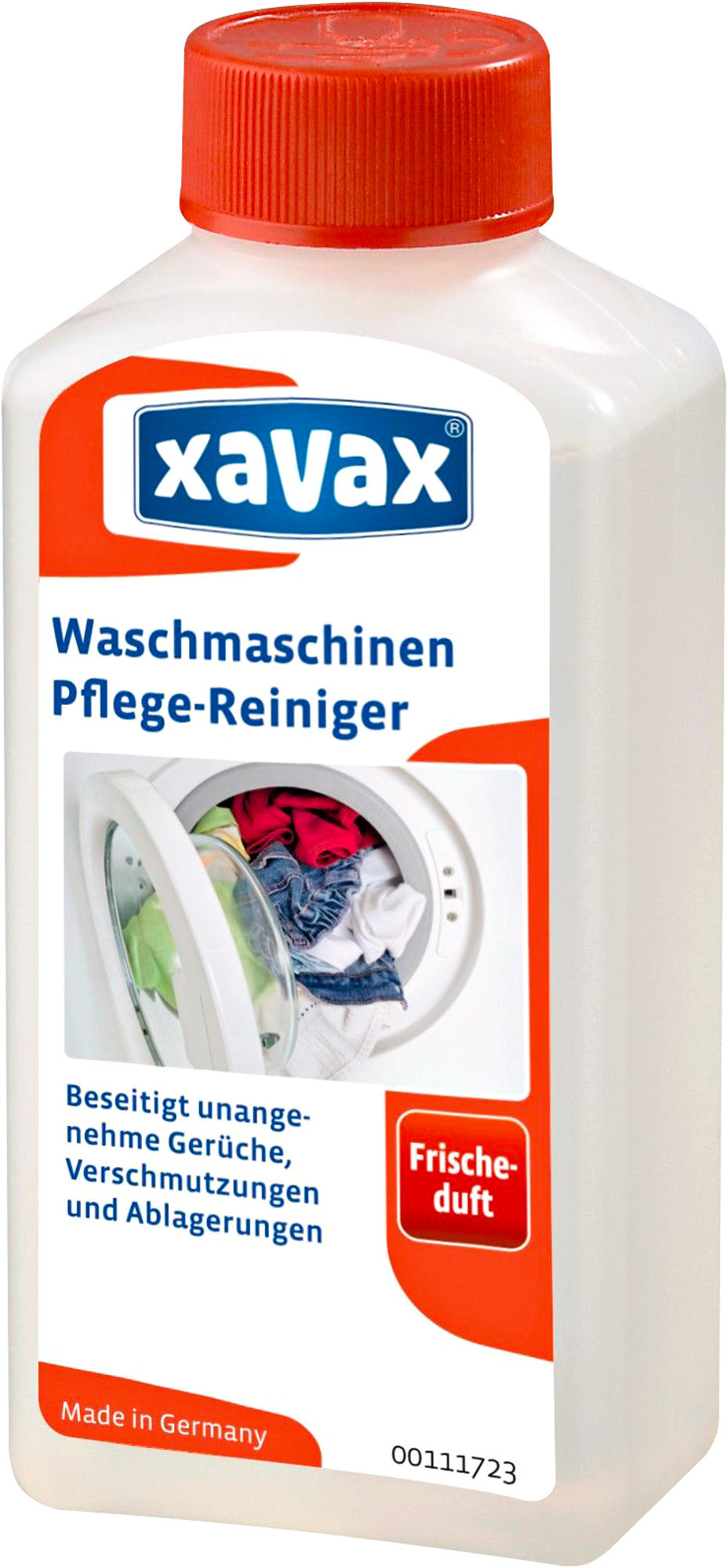 Flasche Waschmaschinenreiniger. Auf dem Etikett befindet sich ein Bild einer Waschmaschine und Text.