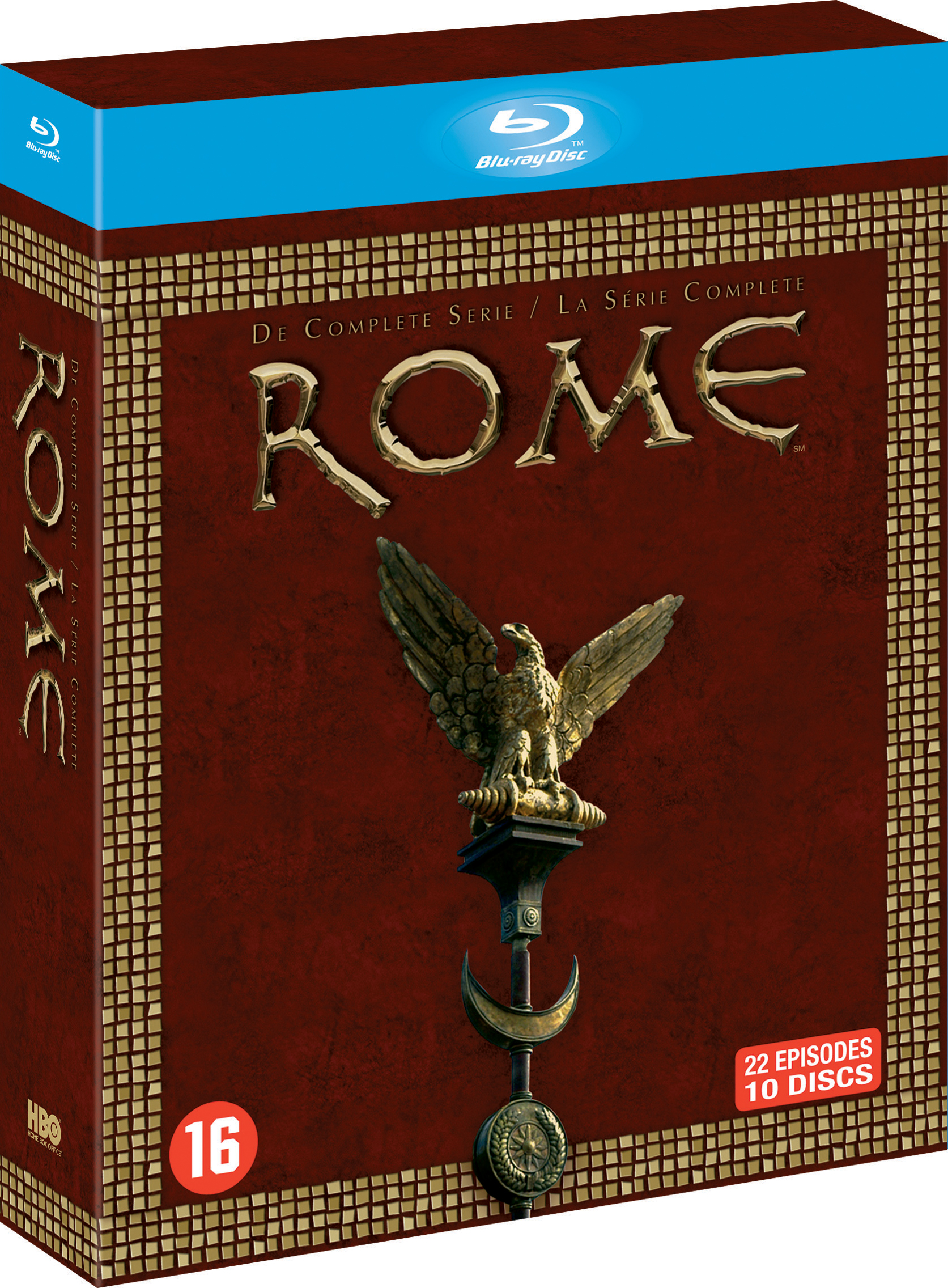 Blu-ray box set of 'Rome'. Gold lettering on a red background. A golden eagle on the box.