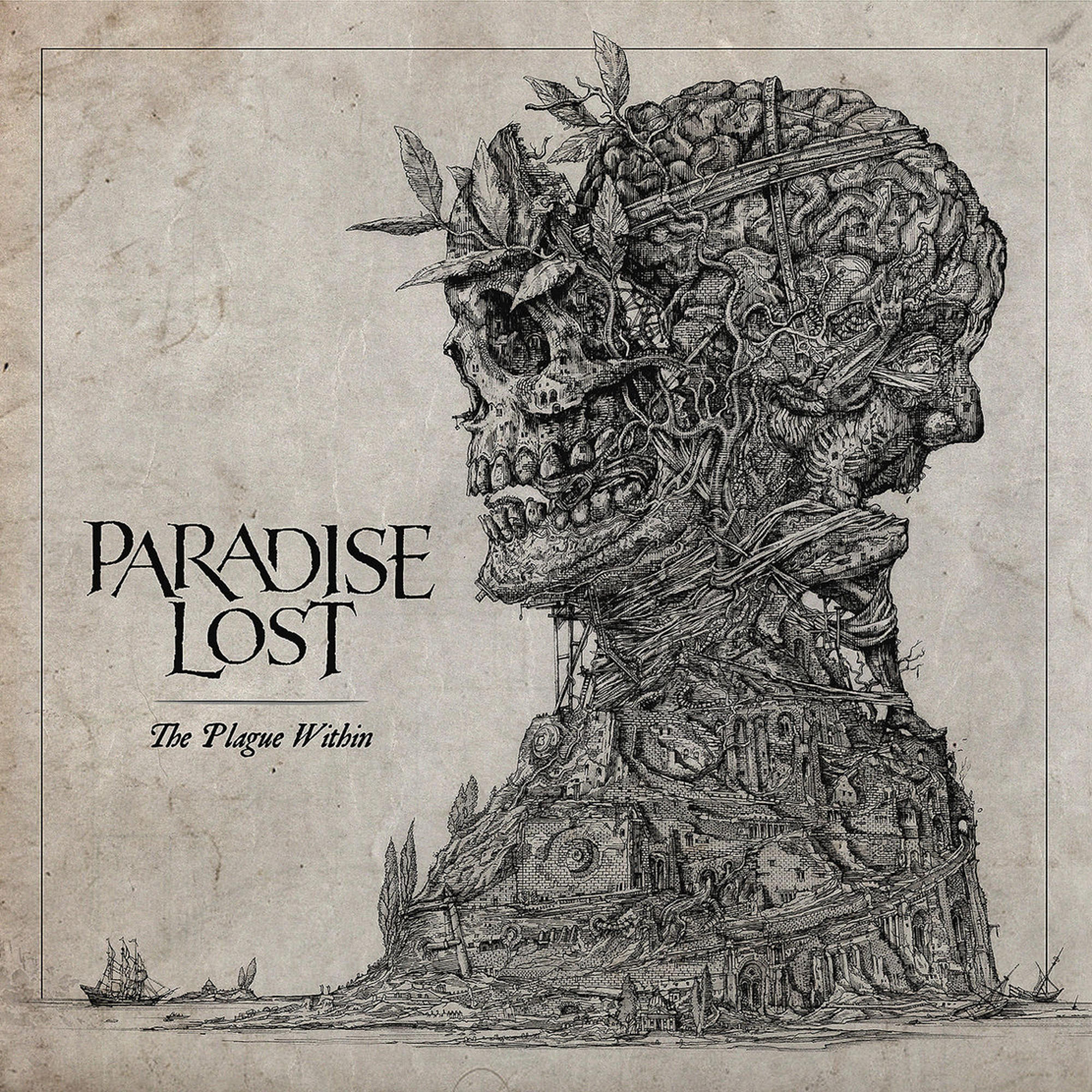 Albumcover mit einem schädelartigen Kopf und einer Gebäudestruktur. Der Text lautet 'PARADISE LOST' und 'The Plague Within'.