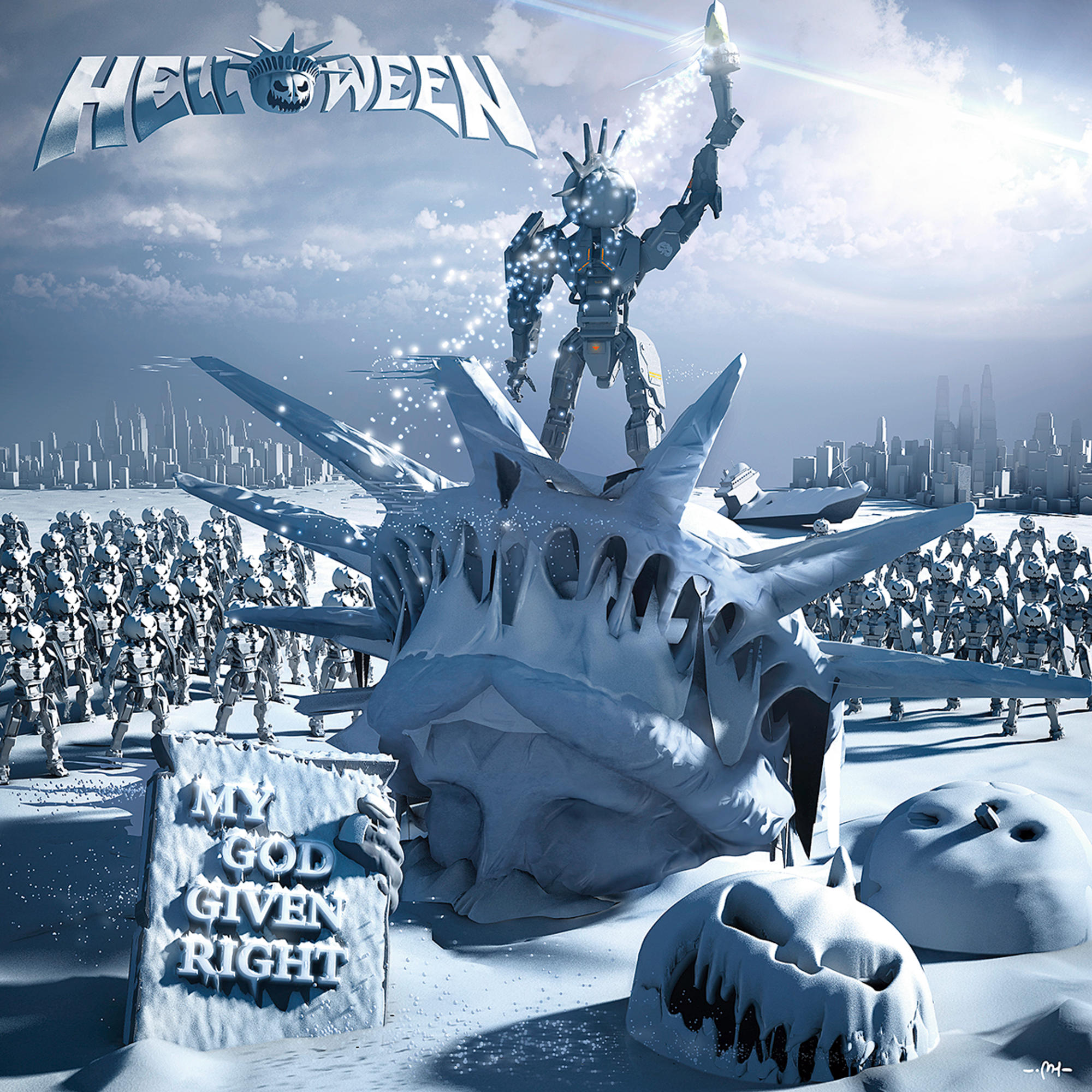 Albumcover. Roboterfigur auf einer Statue. Schnee, Soldaten, Stadt im Hintergrund. Titel: My God Given Right.