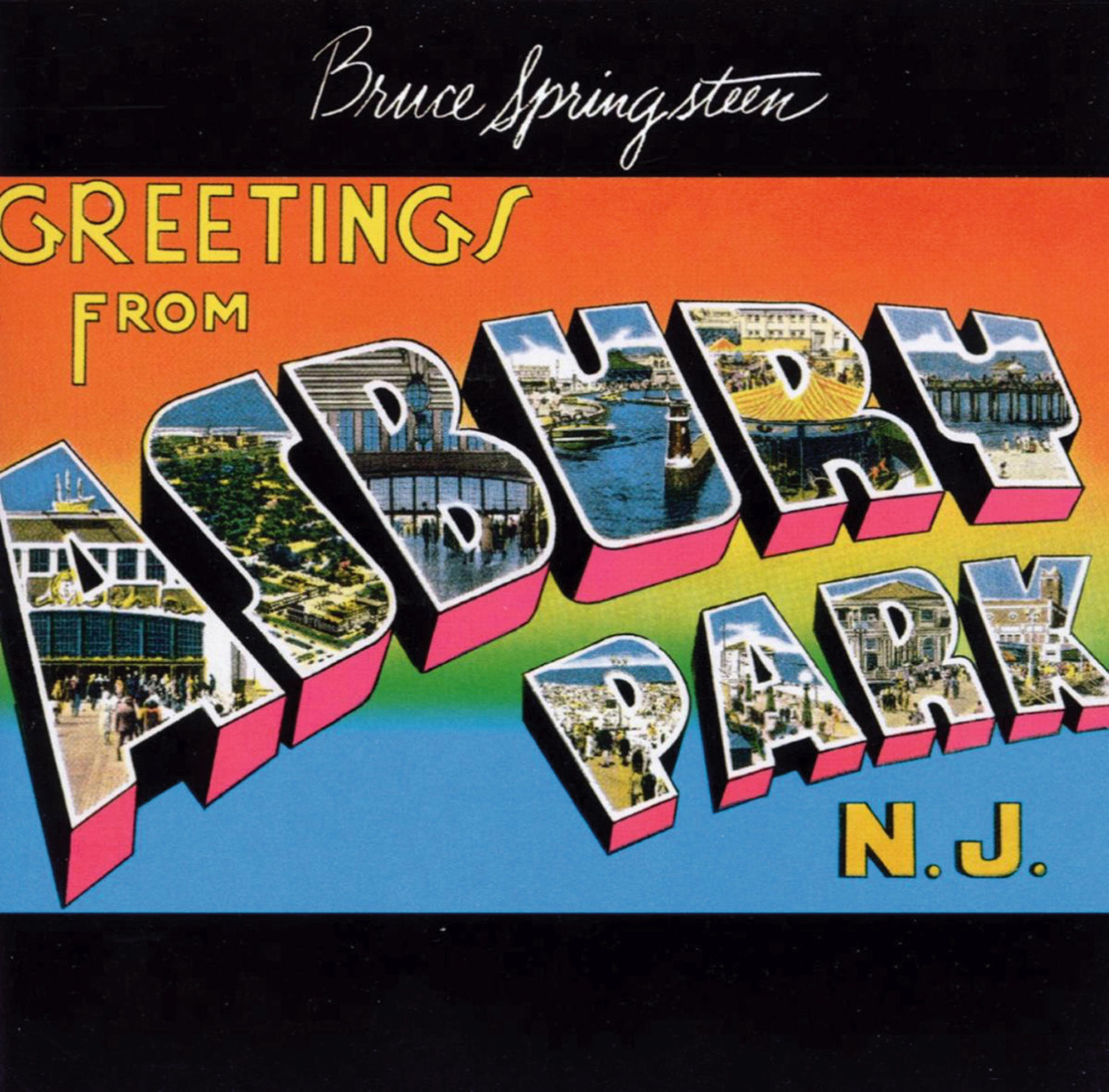 Albumcover mit einer farbenfrohen Illustration. Der Text lautet "Greetings From Asbury Park, N.J.".