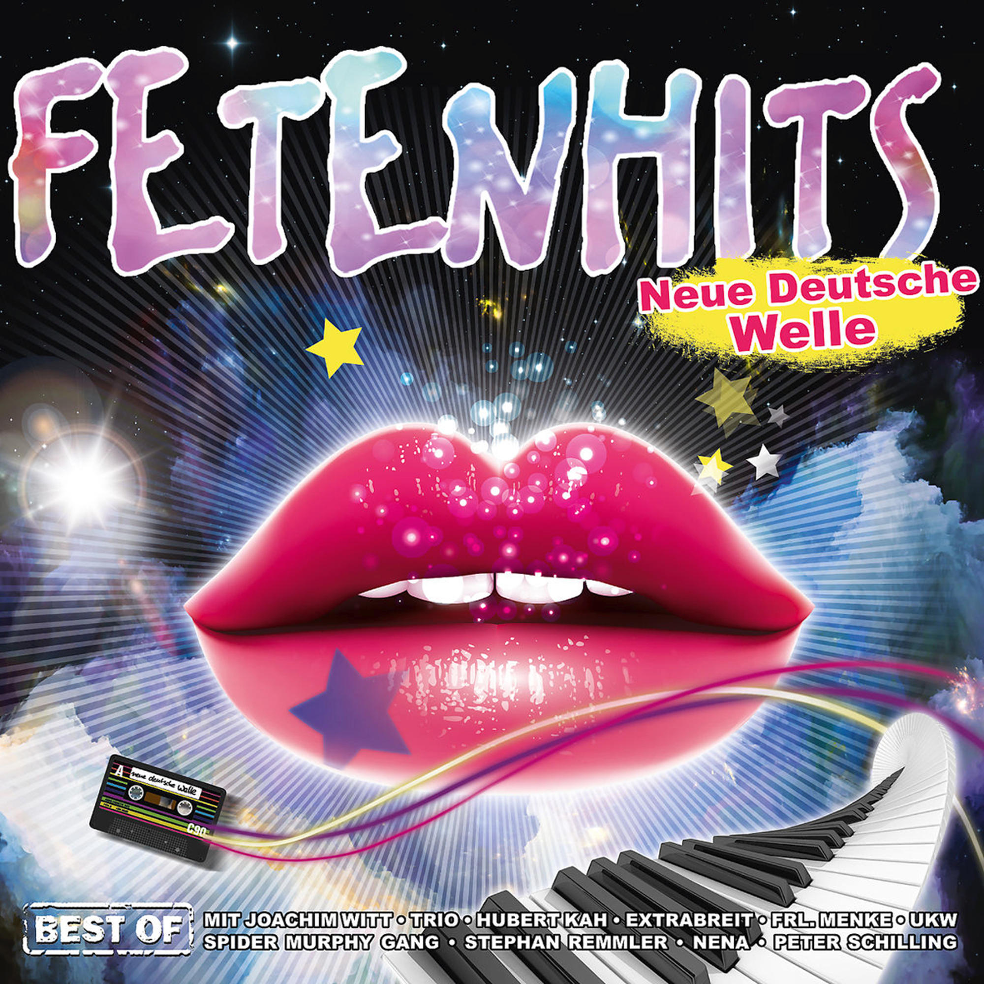Albumcover, Fetenhits, rosa Lippen, Keyboard, Sterne und eine Kassette.
