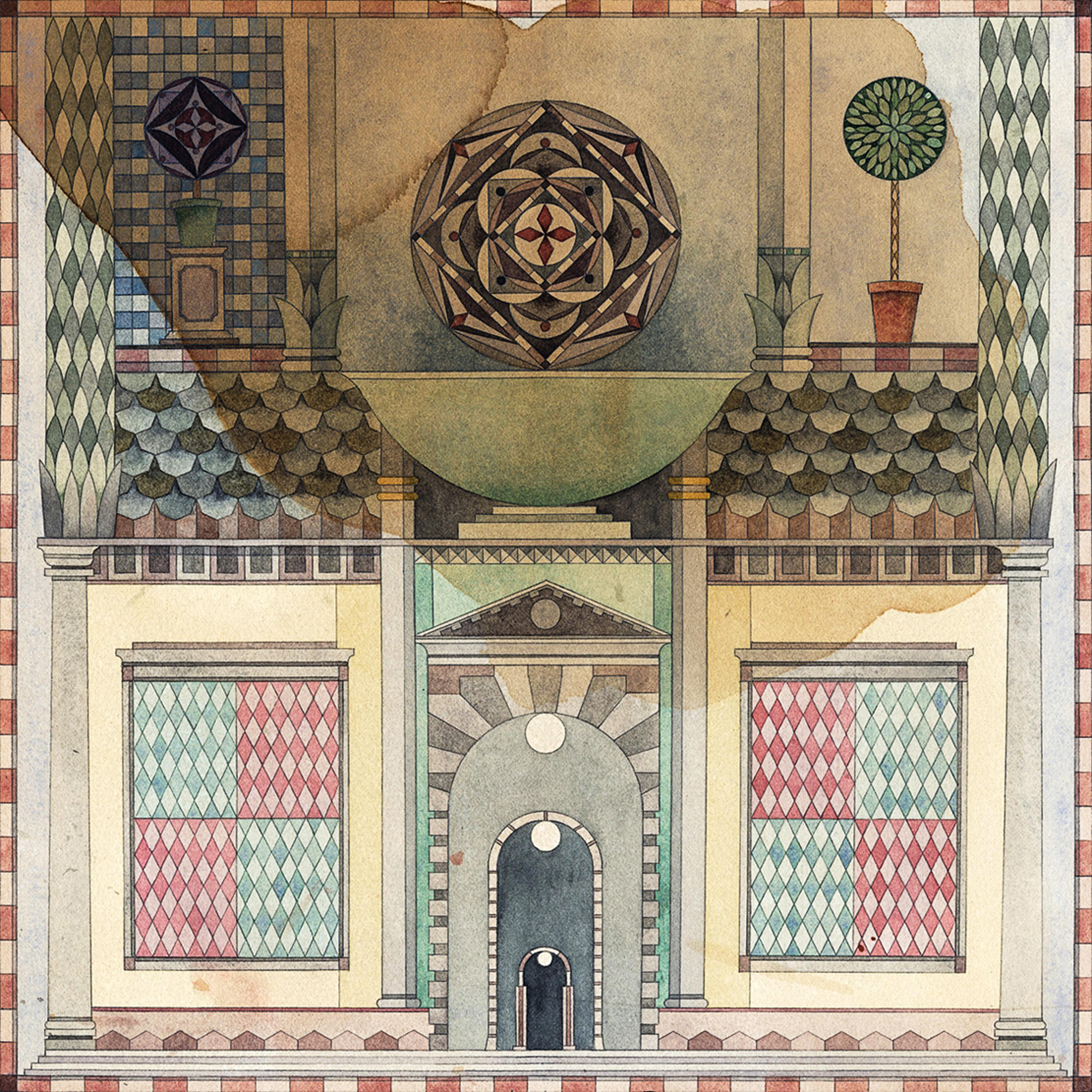 Aquarellmalerei eines Gebäudes mit geometrischen Mustern.