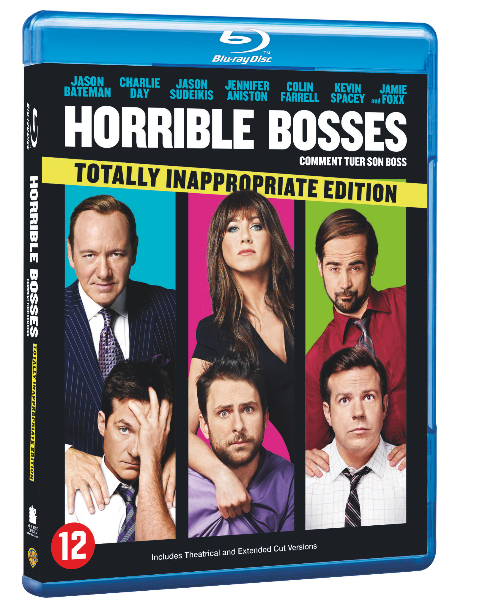 DVD-hoes voor 'Horrible Bosses', met acteurs en tekst: Totally Inappropriate Edition.