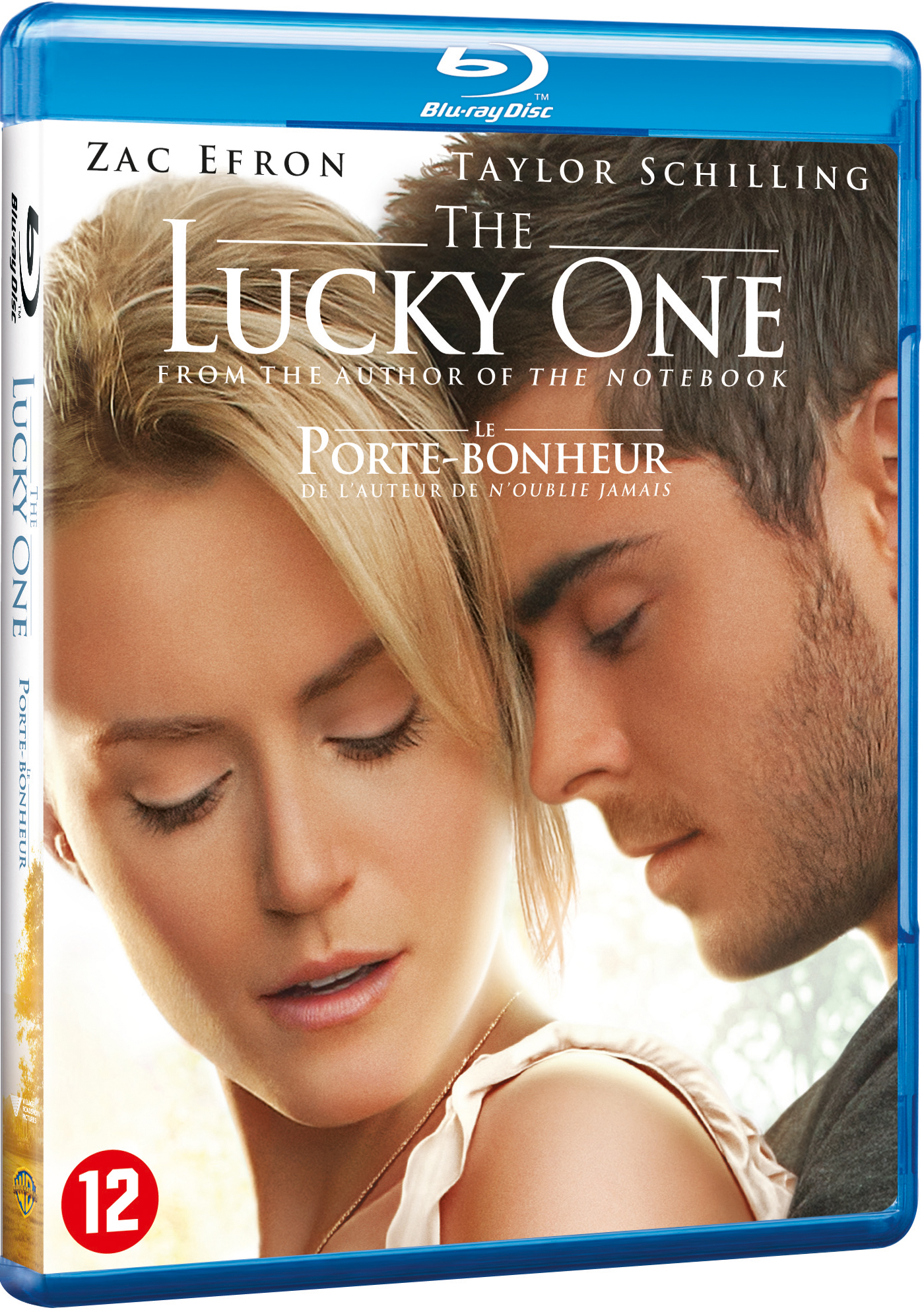 Blu-ray cover met een stel dat elkaar omhelst. De titel is "The Lucky One". De achtergrond is wazig.