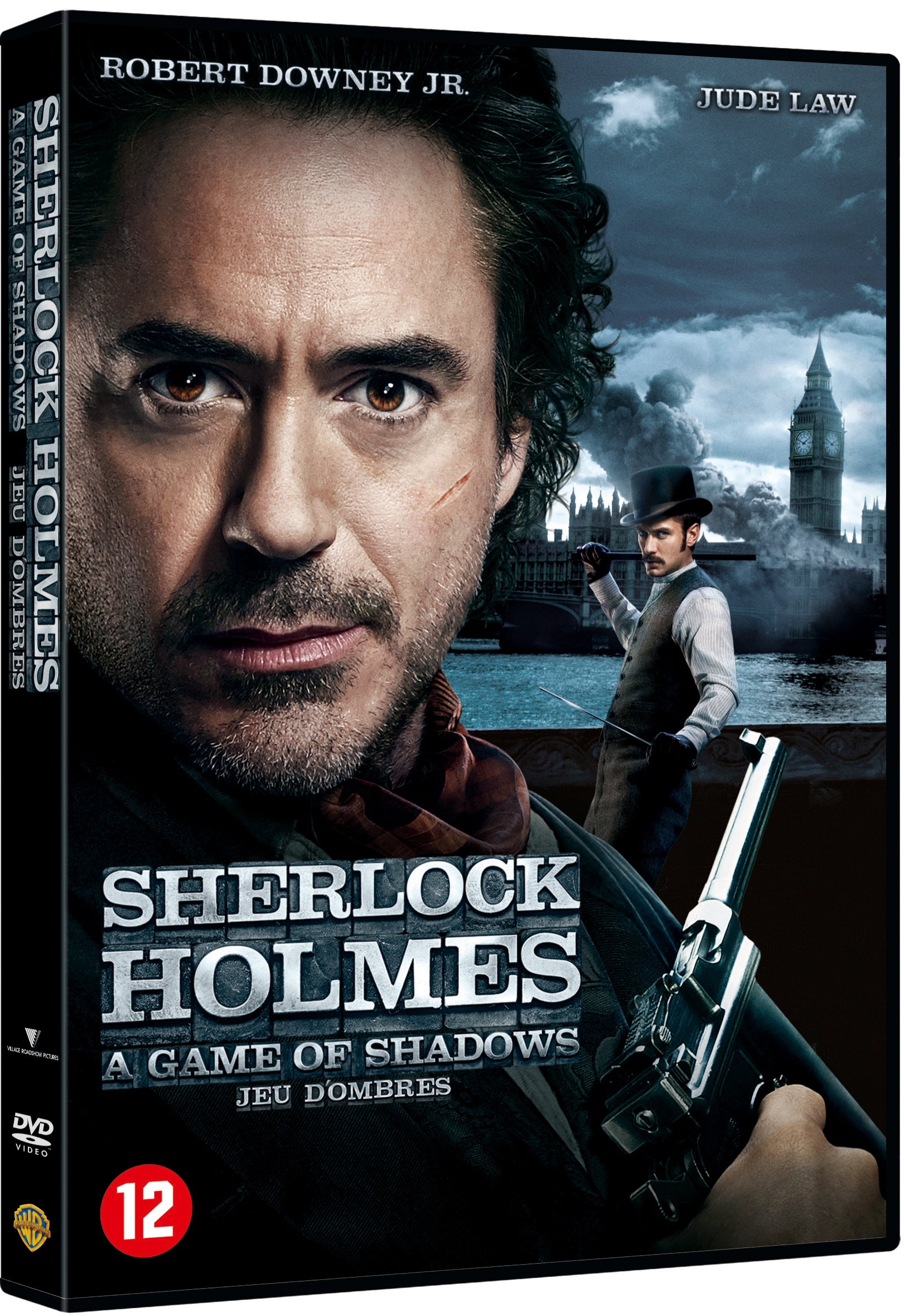 Jaquette DVD de Sherlock Holmes. Robert Downey Jr. et Jude Law. Sherlock Holmes avec un pistolet, arrière-plan : Big Ben.