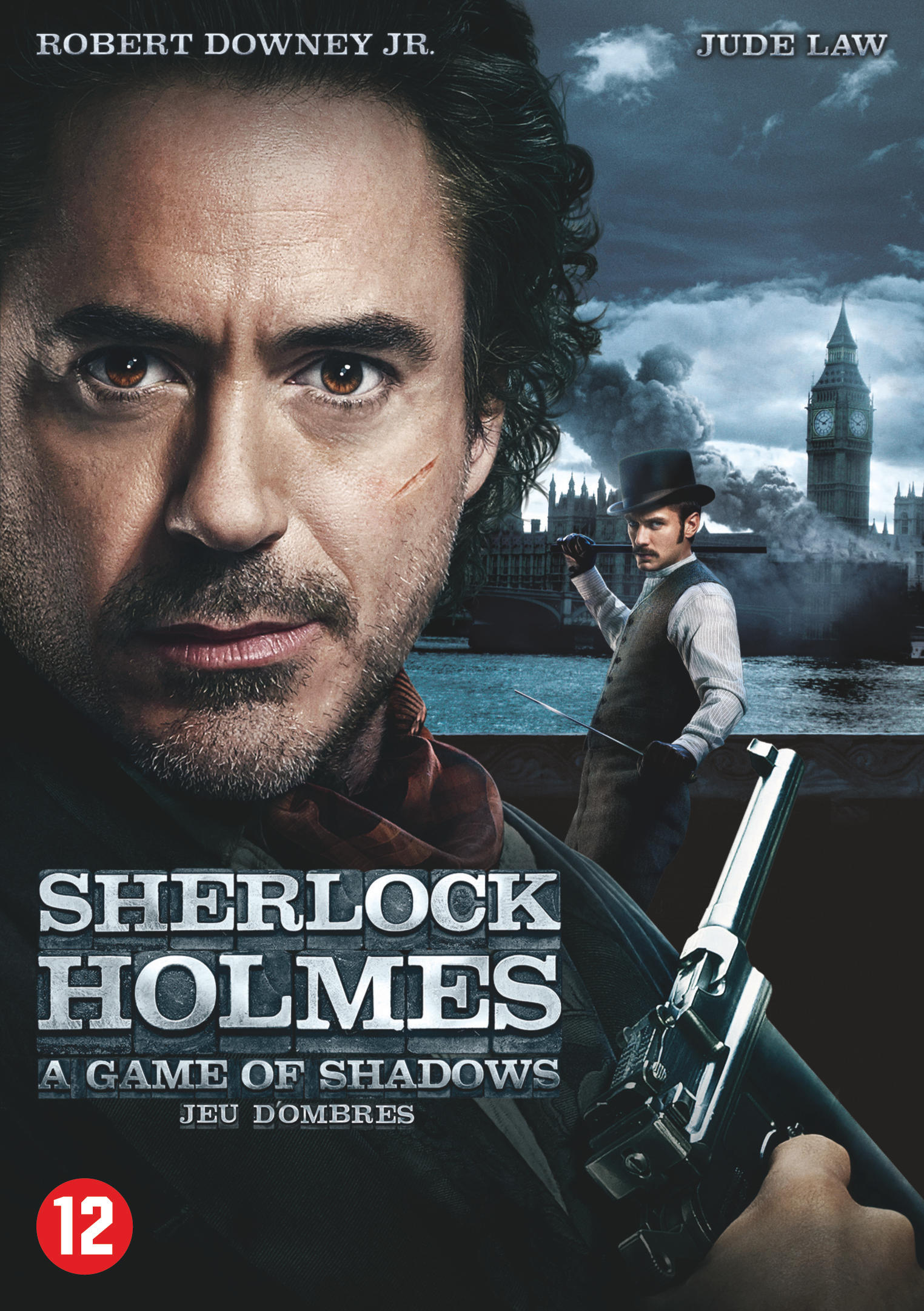 Couverture de film avec Robert Downey Jr. et un autre homme avec un pistolet.