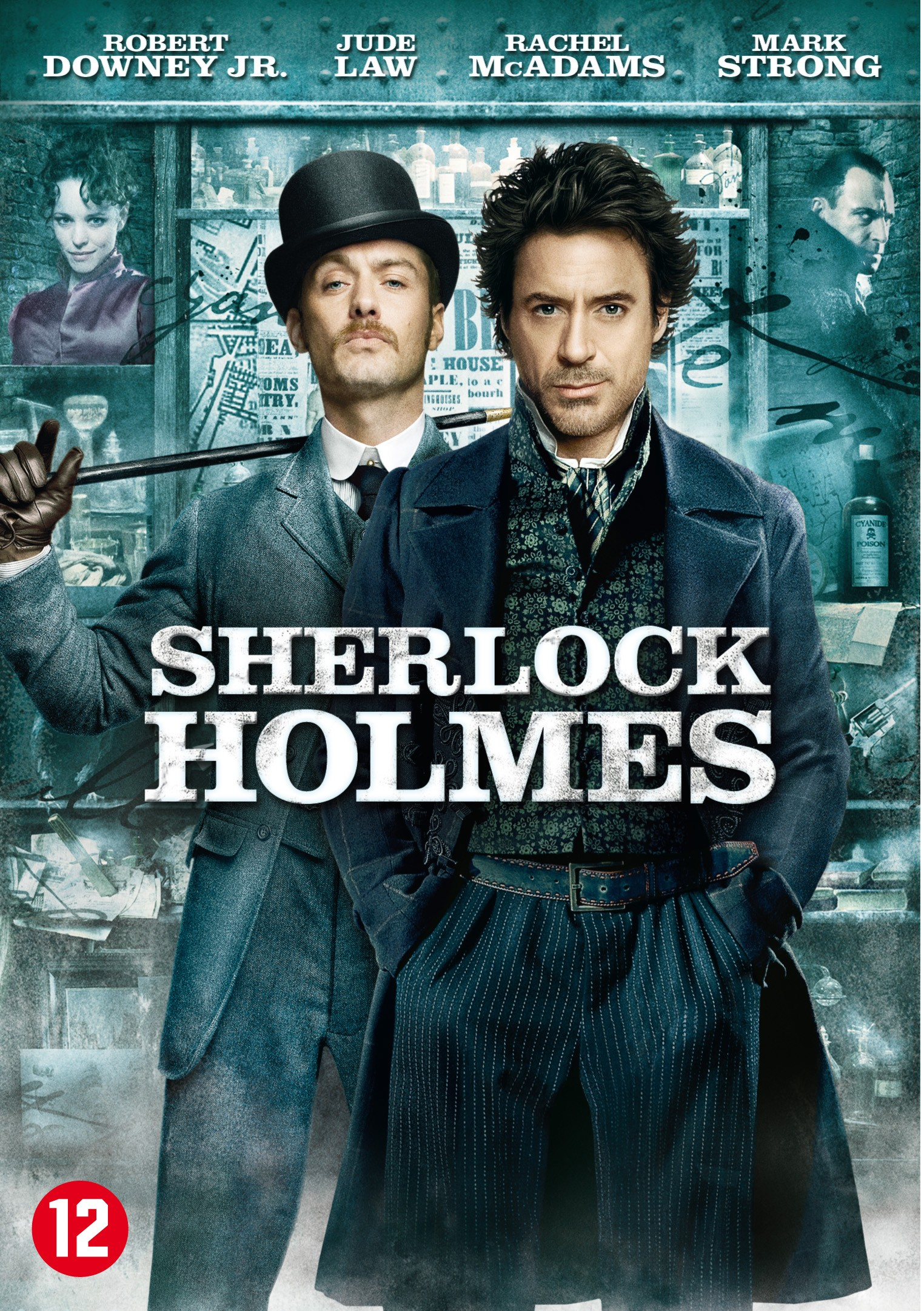 Couverture de film : Deux hommes en costume, l'un avec un chapeau, l'autre avec une moustache. Texte « Sherlock Holmes » en bas.