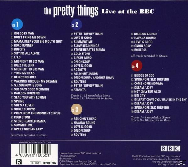 CD-Rückseite mit Albumtitel 'The Pretty Things Live at the BBC' und Tracklisten.