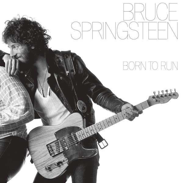 Bruce Springsteen, Born to Run album borító, fekete-fehér, gitárt tartva.