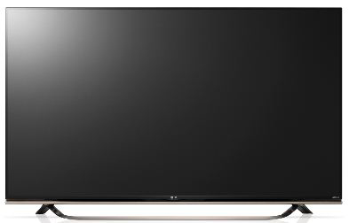 Grote, flatscreen LG televisie. Scherm is zwart, met een dunne goudkleurige rand, tegen een witte achtergrond.