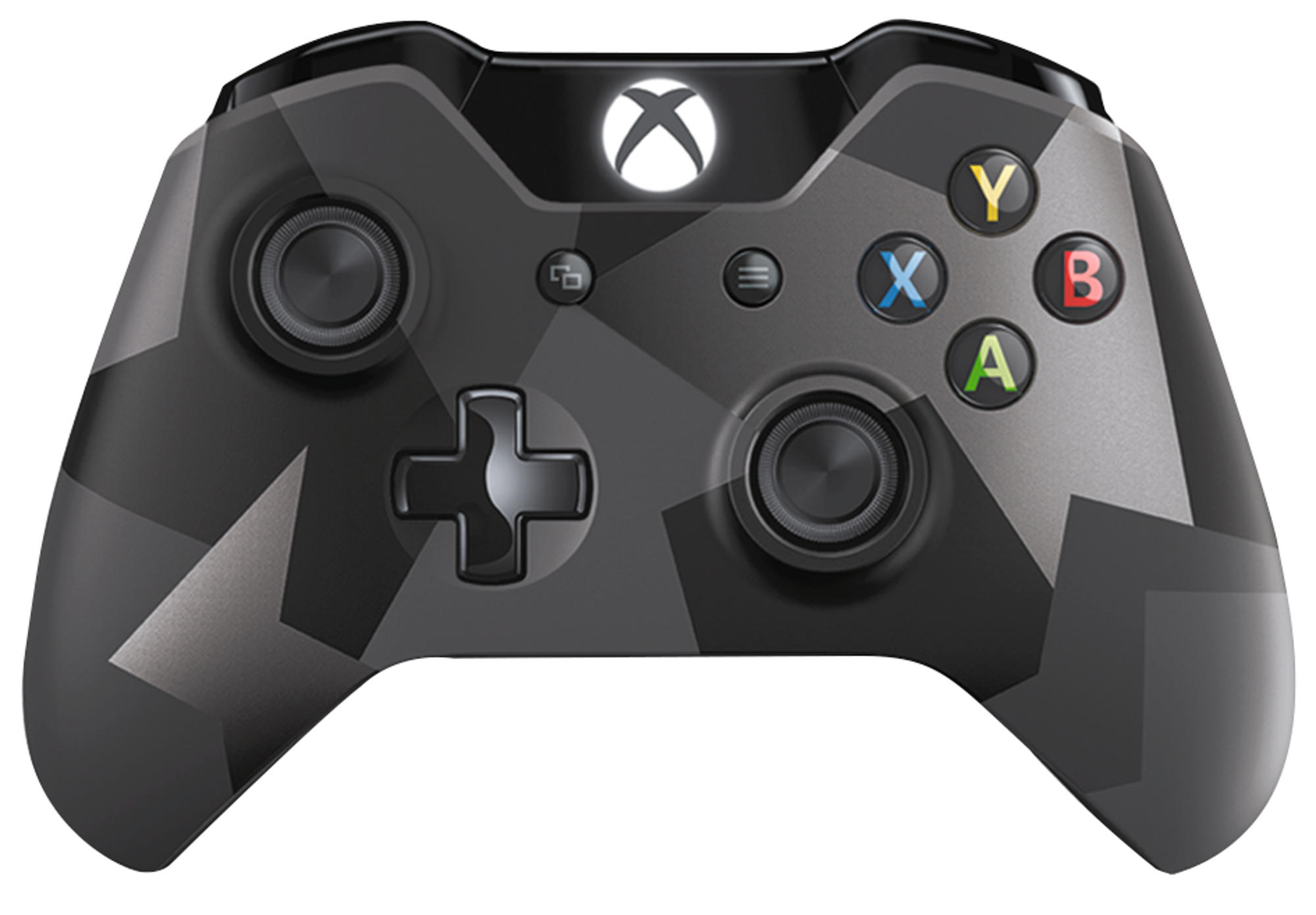 Schwarzer Xbox-Controller mit grauem Tarnmuster und farbigen Tasten.