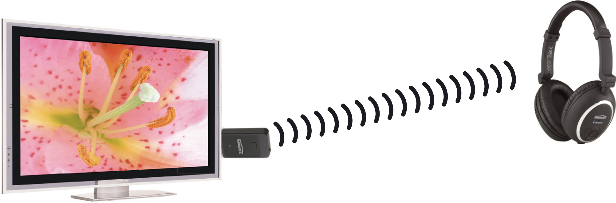A TV screen showing a flower image with wireless signals to headphones.